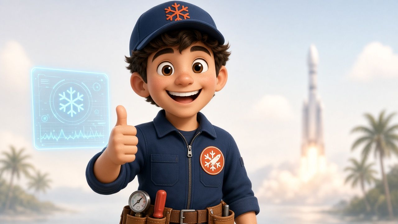 Mikey, OBC Air & Heat's AC AI Tech, smiling and giving a thumbs up in a navy cap and uniform