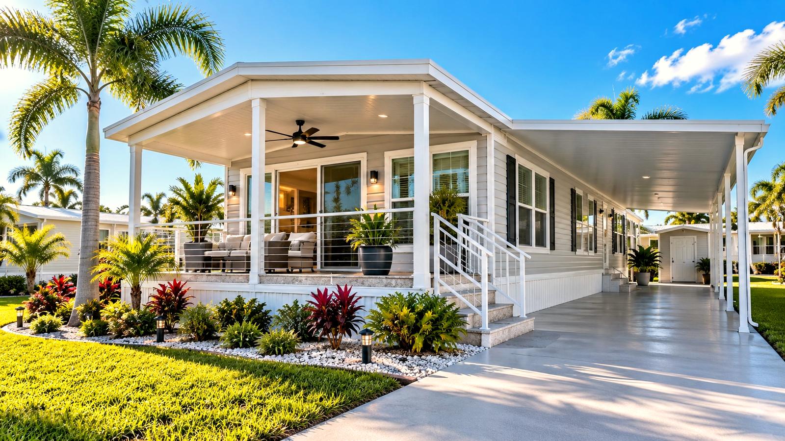 Modern manufactured home with a covered porch, palms and carport in Florida